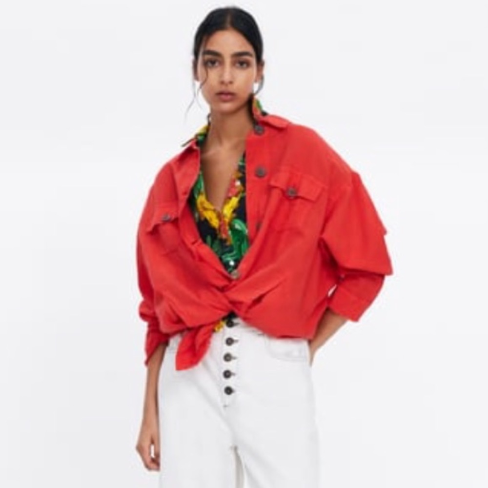 Zara red linen jacket with coconut buttons